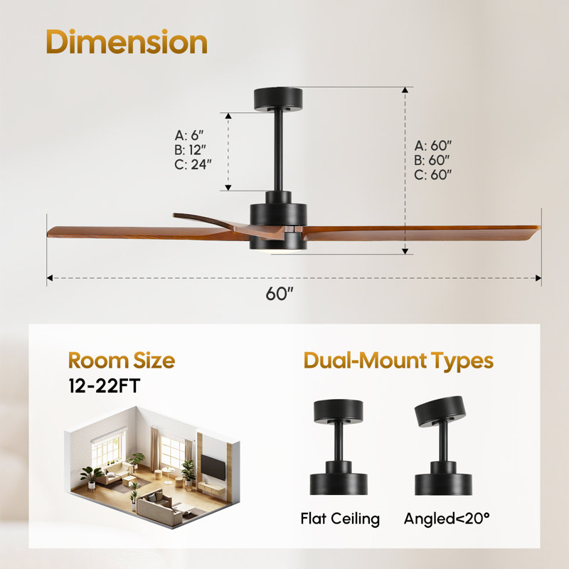 Ventilateur de plafond intelligent à 4 pales avec lumière DC, bois massif (42/52/60 pouces), noir et noyer, Cfm élevé, Wi-Fi / alexa / télécommande, à intensité variable