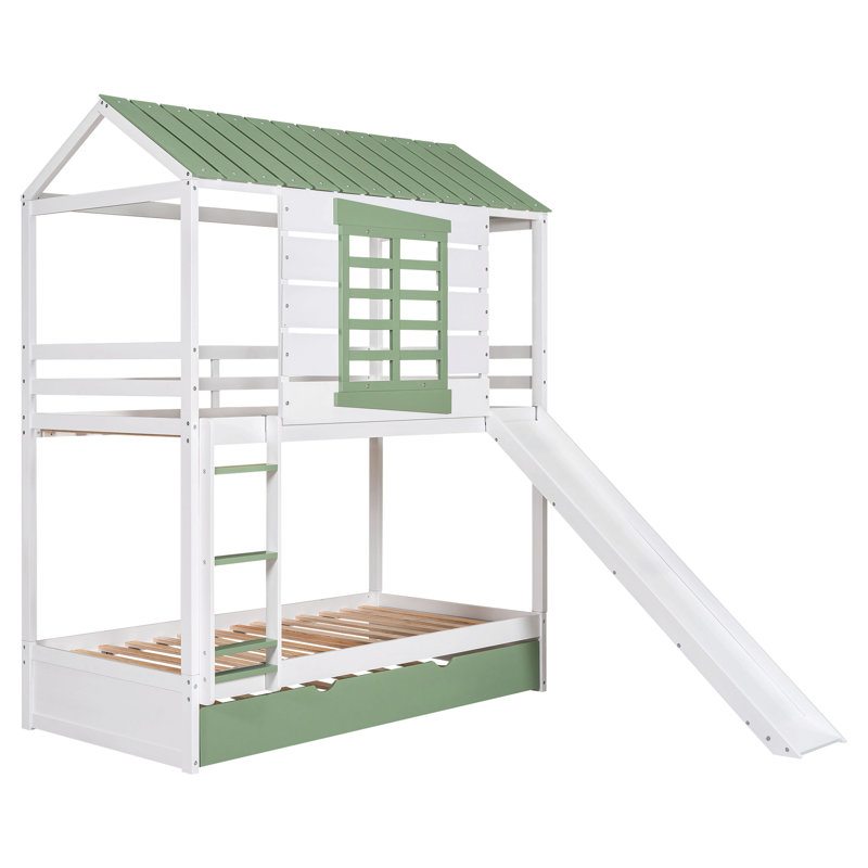 Twin Over Twin Size House Bunk Bed With Convertible Slide And Trundle, White+Green