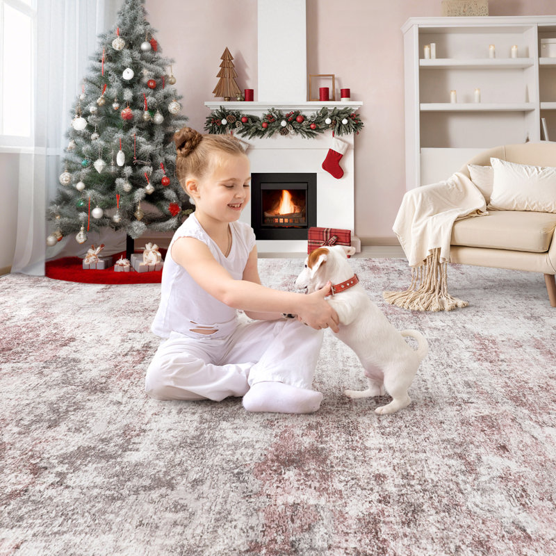 Dagmar Washable Neutral Boho Area Rug, Rectangle 8' x 10', Pink