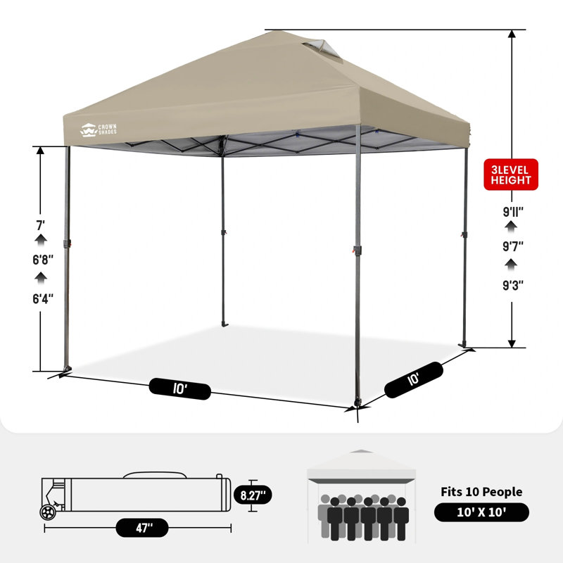Tente à auvent escamotable commerciale avec serrure centrale et structure en métal 10 pi x 10 pi CROWN SHADES, kaki, Kaki
