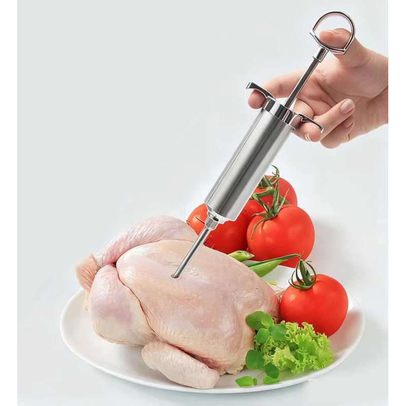 Ensemble d'injecteur de viande en acier inoxydable - 4 aiguilles anti-colmatage, piston amélioré + brosses de nettoyage / joints toriques pour la dinde / barbecue