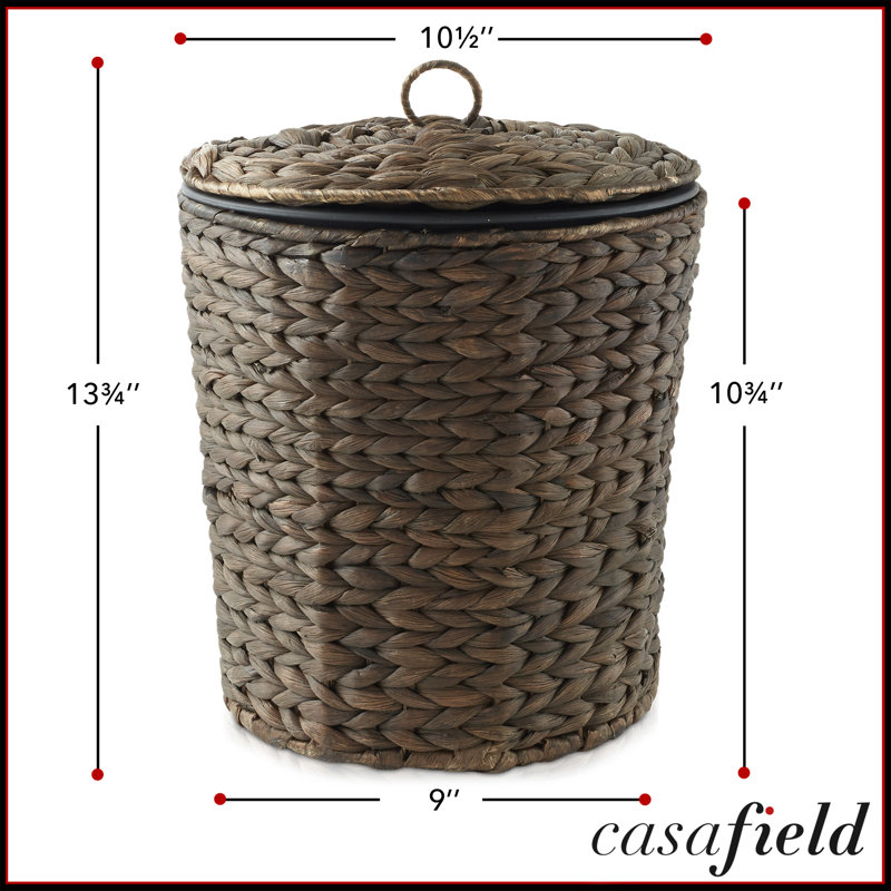 Water Hyacinth Waste Basket w Lid - Natural, Woven Bathroom Trash Can, Brown