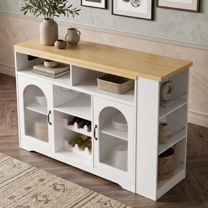 Buffet moderne à éclairage DEL avec plateau coulissant extensible, portes en acrylique, casier à vin, étagères réglables et prise latérale