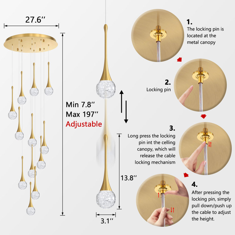  12 Lights Glam Chandelier Led Dimmable Pendant Light, Gold