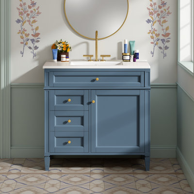 36" Modern Indigo Blue Bathroom Vanity with Ceramic Sink, 3 Drawers & Cabinet