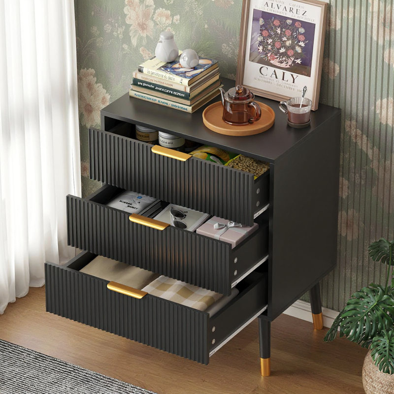 Commode 3 tiroirs, petite table de chevet cannelée, Noir