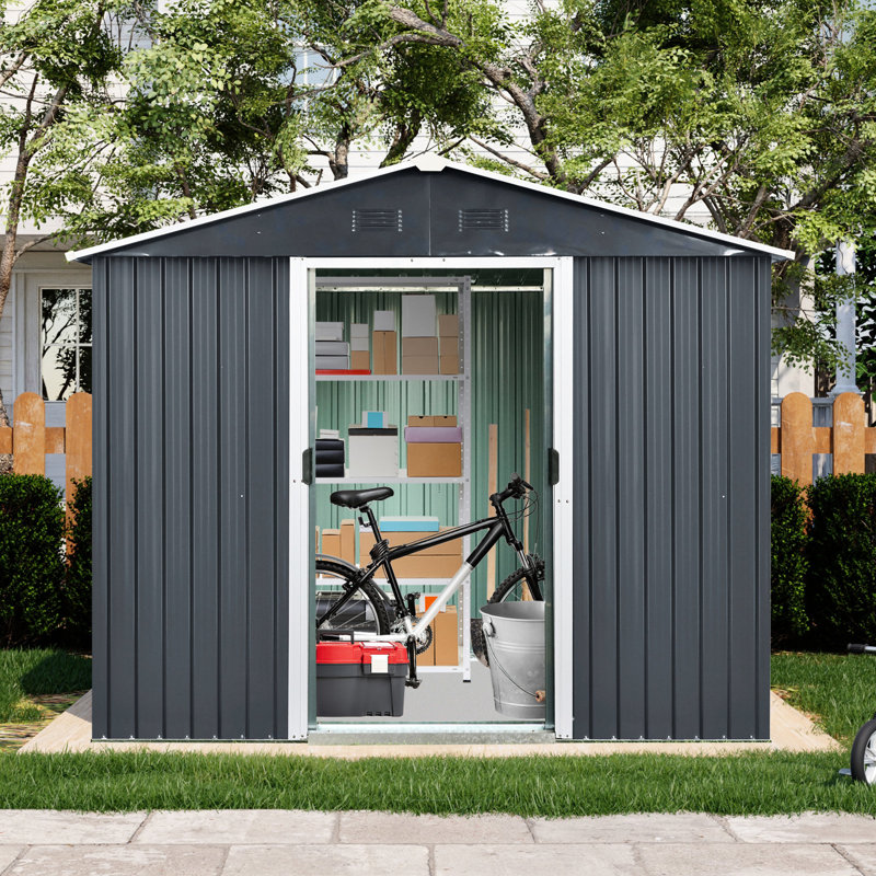 8x4 Ft Metal Shed With Stable Structure & Sliding Door, Black White Outdoor Rust- Panels,, Black White