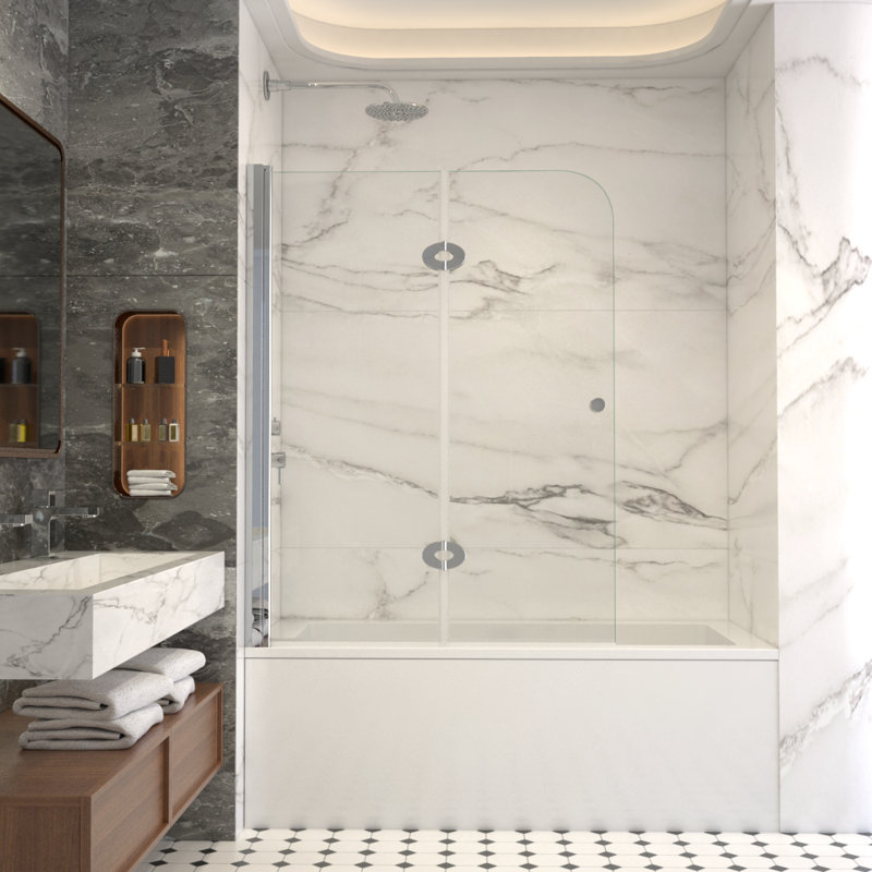Oak 42" W X 55" H Frameless Bi-Fold Folding Tub Door With Clear Glass, Chrome