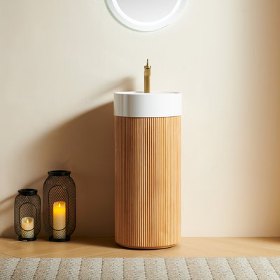 16" Freestanding Cylindrical Bathroom Vanity, Solid Wood Fluted Column Cabinet with Round Solid Surface Vessel Sink, Modern Scandinavian Pedestal Sink Cabinet for Small Bathroom, 2 Basin & 2 Wood Finish Options, Faucet & Drain Not Included