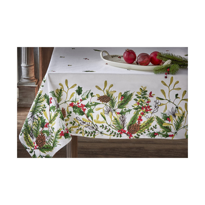 Nappe Winter Sprig en coton blanc avec pomme de pin et houx, L 84 po x l 60 po