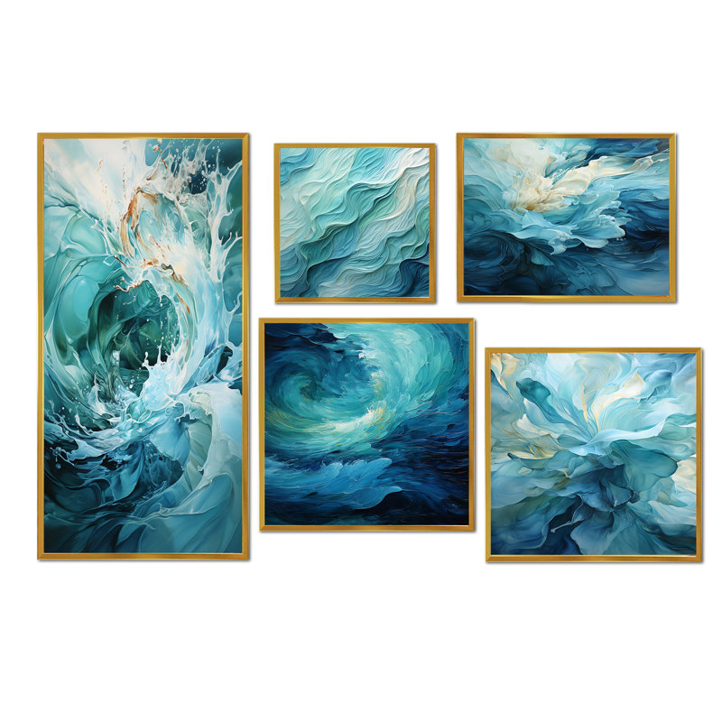 Clari - ensemble de 5 reproductions de toiles abstraites, Cadre flottant doré