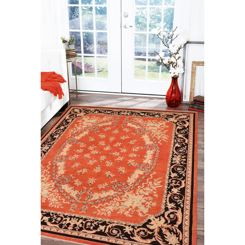 Tapis rouge / noir en laine noué à la main 9 pi 11 po x 14 pi 4 po Abbigail Southwestern