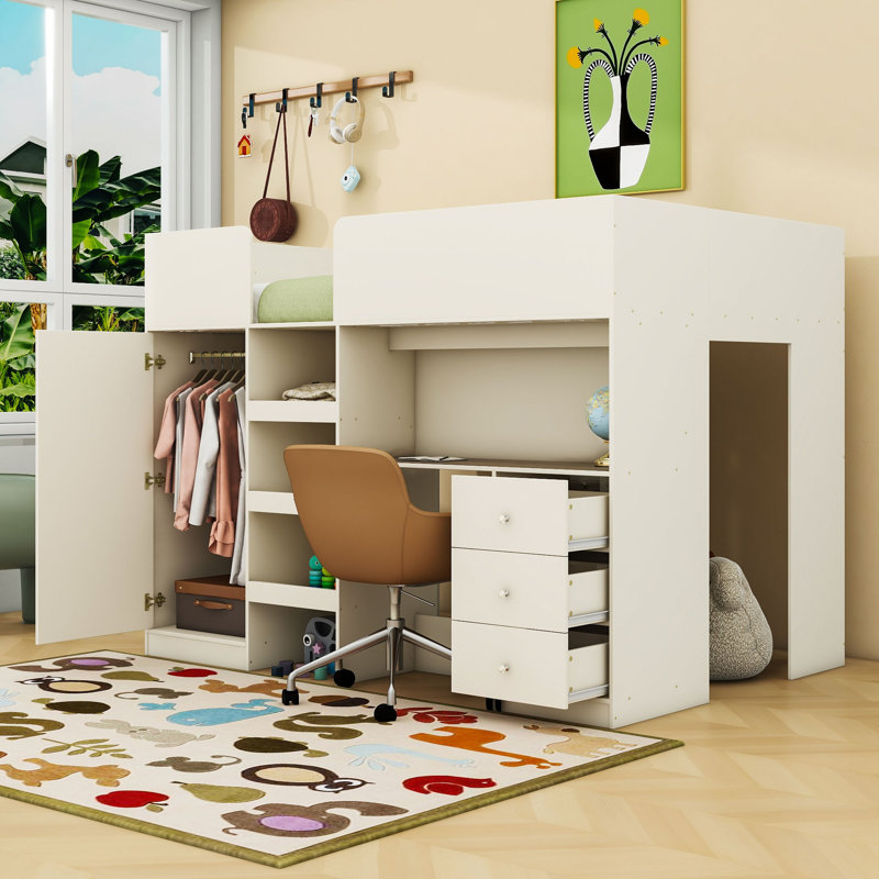Lit mezzanine double avec garde-robe intégrée, bureau, tablettes et garde-corps de sécurité, Beige