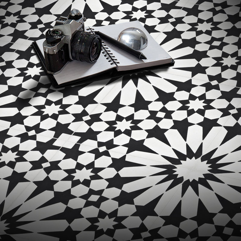 Agdal 8" x 8" Cement Patterned Wall & Floor Tile, Black/White