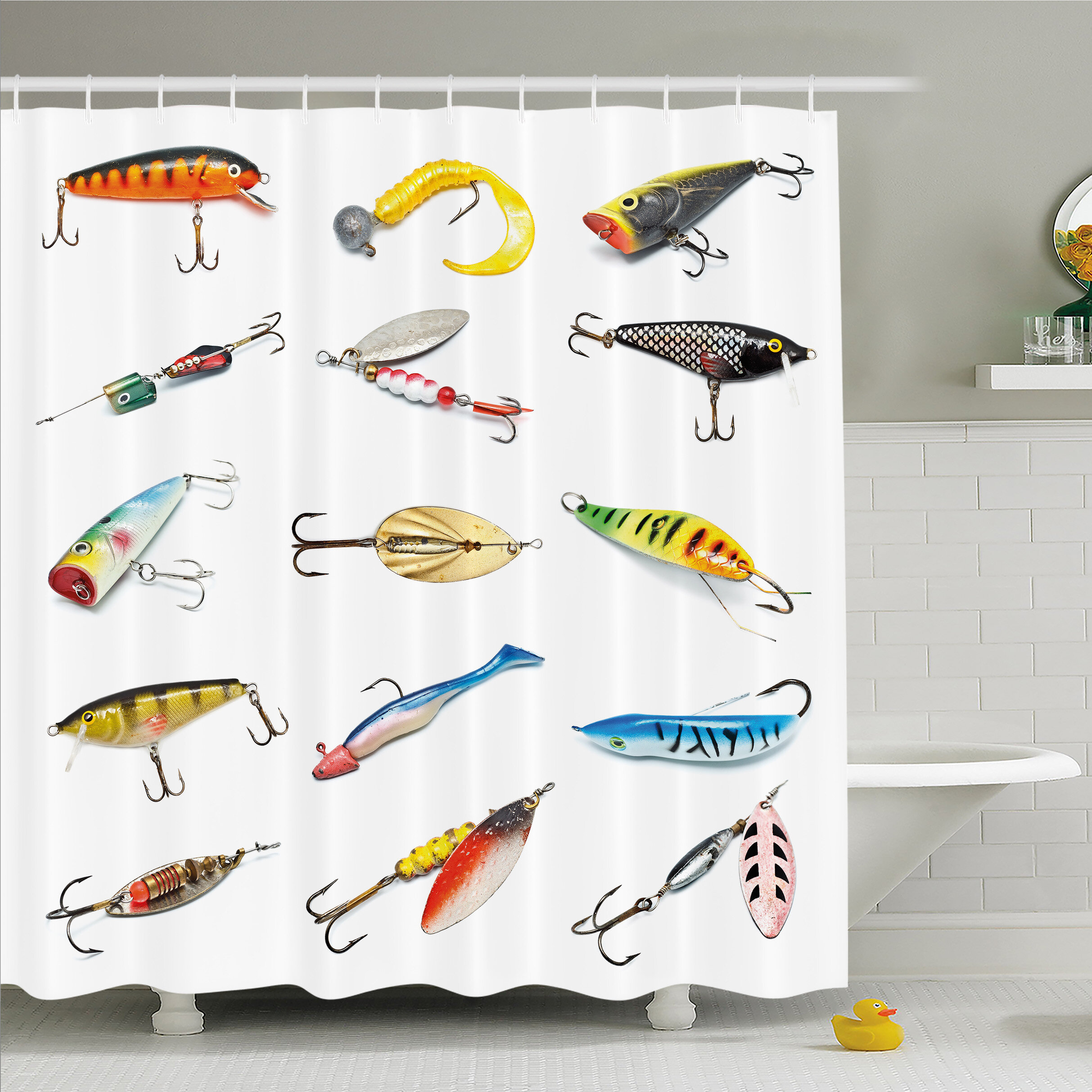 Several Fish Hook Equipment Objects Trolling Angling Netting Gathering Activity Shower Curtain Set East Urban Home Size: 69 H x 105 W