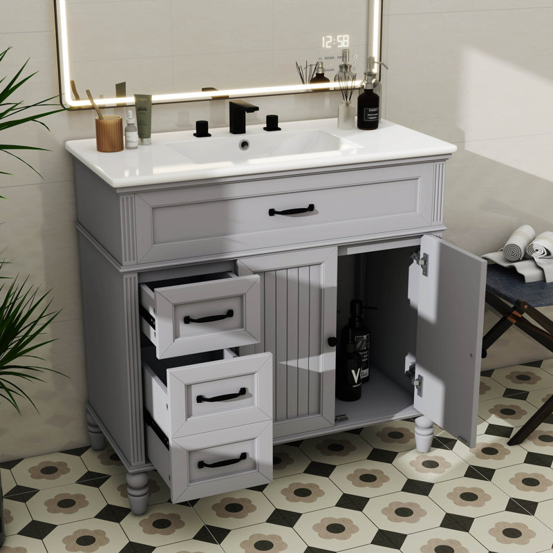 Meuble-lavabo de 36 pouces avec lavabo et tiroirs à l'intérieur de l'armoire, Gris