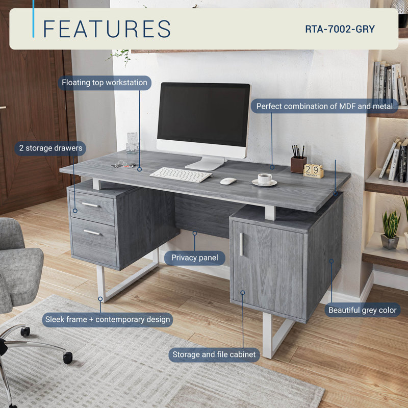 51'' Floating Rectangle Computer Desk with Drawers and Storage Cabinet, Gray