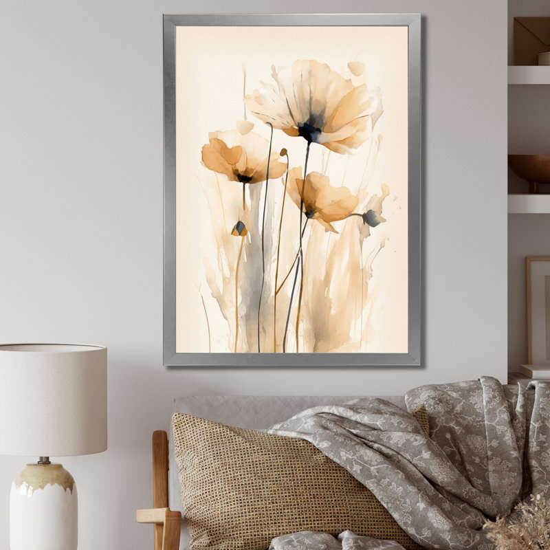 «Beige Vibrant Poppies», art mural sur toile à motif floral, H 44 po x l 34 po x P 1,5 po, Cadre simple argenté