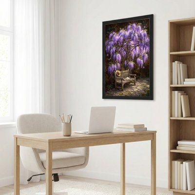 Toile noire encadrée en bois noir pour salon, chambre à coucher, bureau ou vestibule - décoration murale décorative avec jardin de glycines