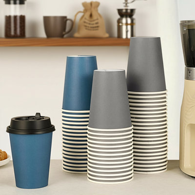 Gobelets en papier jetables bleus-gris clair de 12 oz, paquet de 100, avec couvercles. Convient au café, thé, jus de fruits et autres boissons chaudes.
