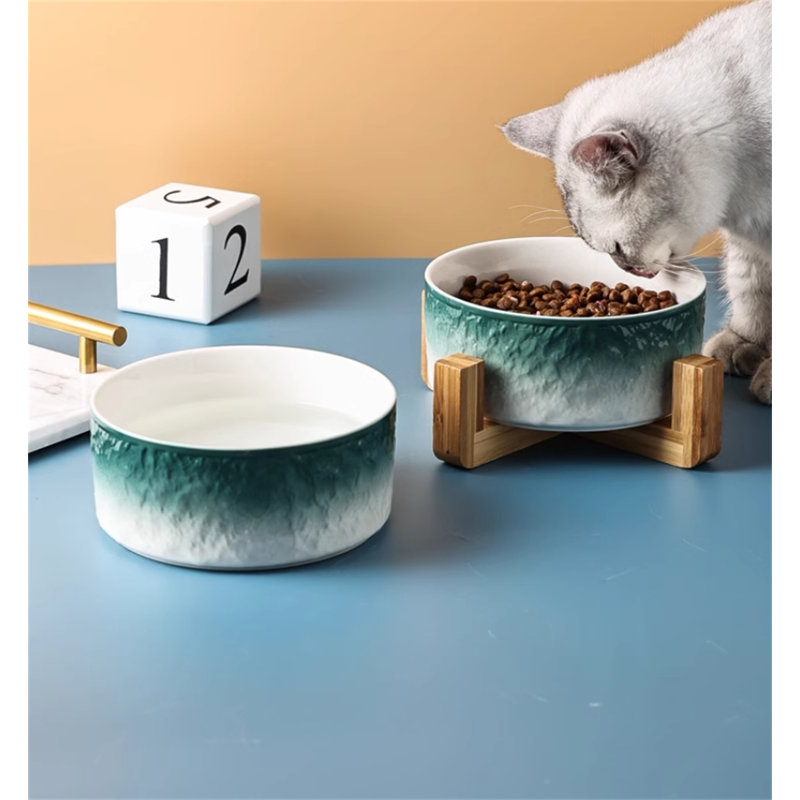 Bol en céramique pour animaux de compagnie avec motif en pierre et support en bambou, Vert