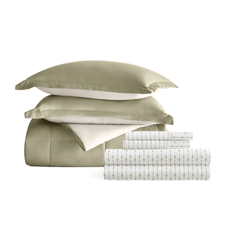7-Piece Reversible Bedding Bundle - Solid Comforter and Patterned Sheet Set, Full Comforter + 1 Additional Piece