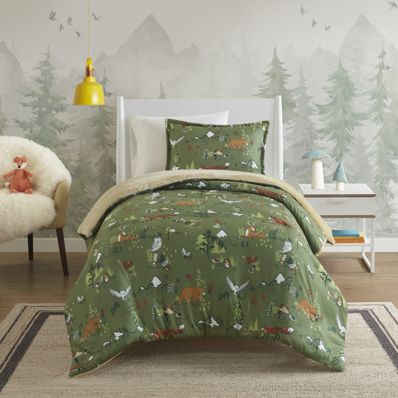 Ensemble d'édredon réversible 2 pièces Heath Green Forest, Édredon simple + 1 taie décorative standard
