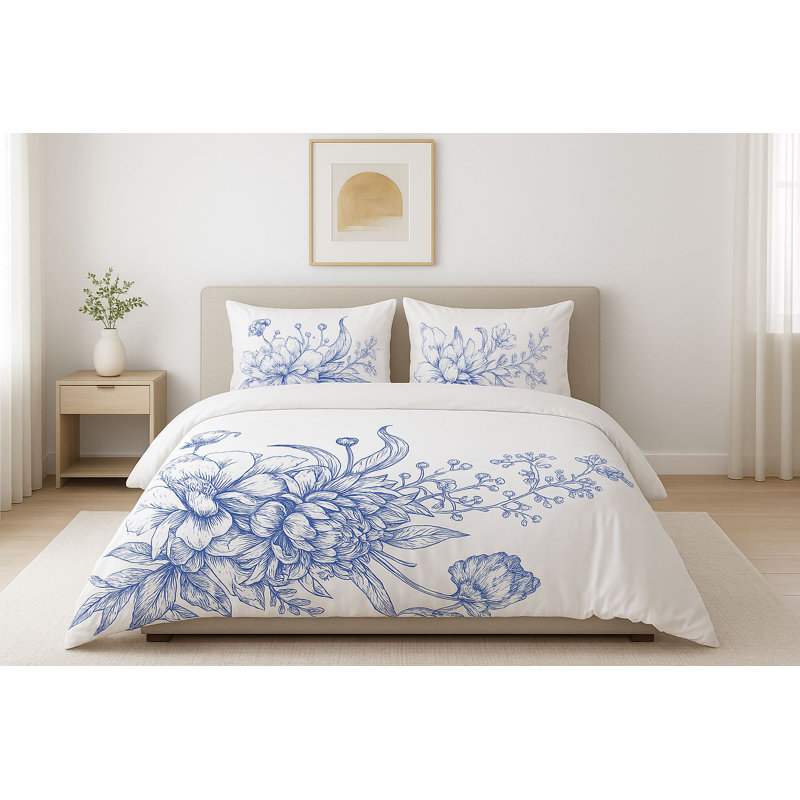 Quilt Cover Set, White & Blue, 61.0 x 86.6 inches | 70% Cotton / 30% Polyester, 145 Thread Count | Machine Washable, Button Closure for Duvet & Envelope Pillowcase (1 Piece, 31.5 x 31.5 inches) | Soft & Breathable Bedding