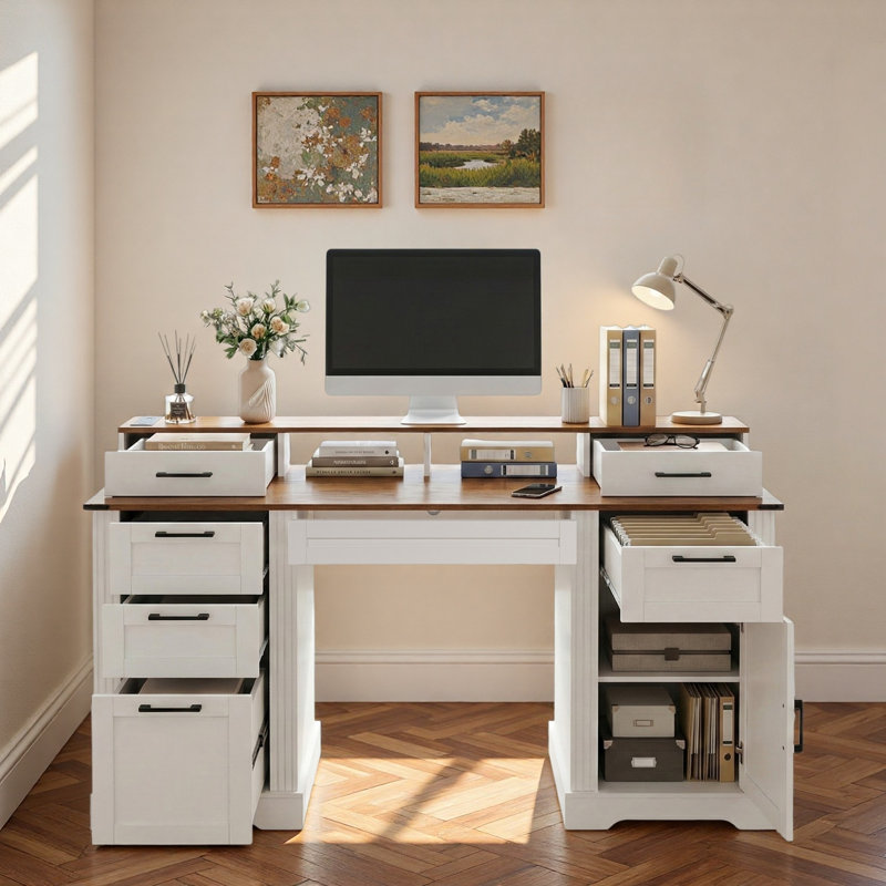 Farmhouse Office Desk With Charging Station, Storage Cabinet, Barn Door Design, File Drawer, Monitor Stand And Keyboard Tray