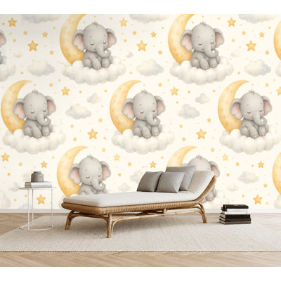 Papier peint adhésif peler et coller Mignon bébé enfant éléphant sans couture assis nuage étoiles Papier autocollant amovible Décoration murale pour le salon Chambre à coucher H 69 po x l 96 po