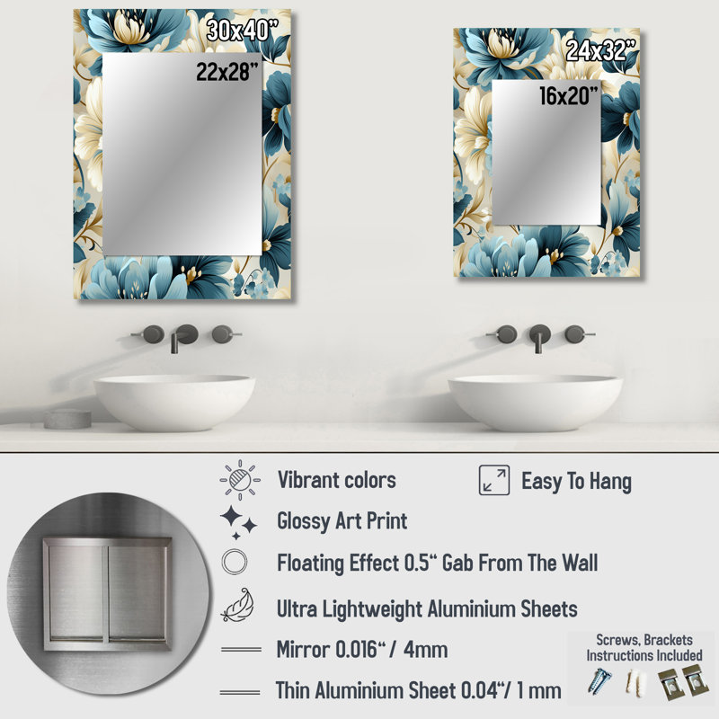 Agilar Blue And White Peonies Damask Flowers - Floral Unique Mirror, Cottage Large Wall Mirror, Printed Metal Art, 40" x 30"