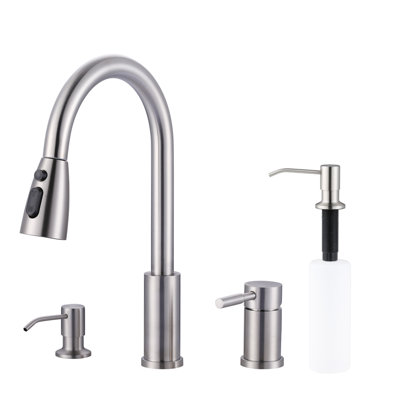 3-Hole Pull Down Kitchen Faucet With Soap Dispenser And Unique Individual Handle