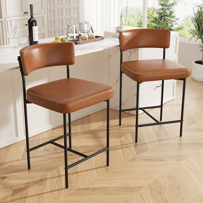 Modern Metal Frame Upholstered Faux Leather Dining Chair With Comfort Backrest, Caramel