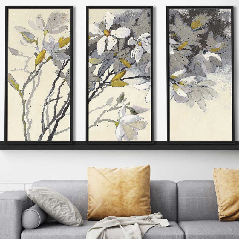 «Magnolias Yellow Gray», reproduction sur toile flottante 3 pièces, H 33,5 po x l 52,5 po x P 2 po