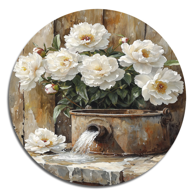 Pivoines par l'arrosage I - impression de décoration murale en métal blanc traditionnel, H 36 po x l 36 po