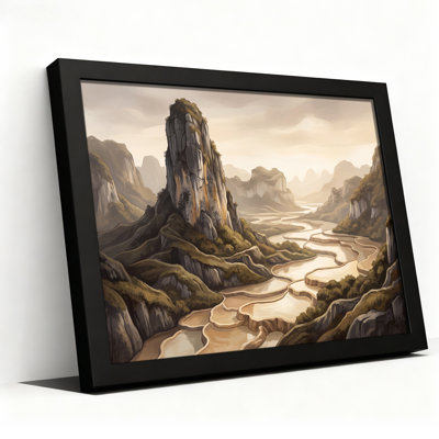 Tableau sur toile représentant des champs en terrasses aux tons sépia dans une vallée de montagne brumeuse