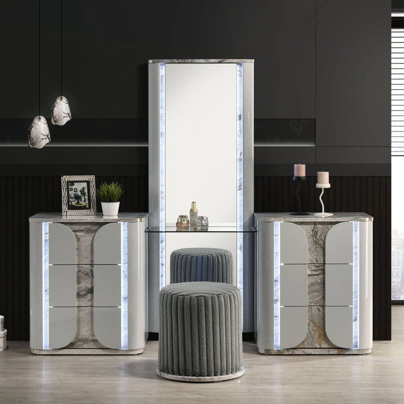 79" W Contemporary Vanity Set W/ Stool, Light Gray