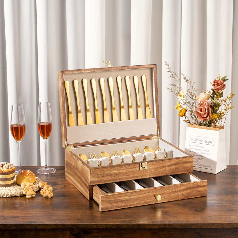 Fine Silverware Box , 2-layer Wooden Silverware Chest With Drawer, Brown