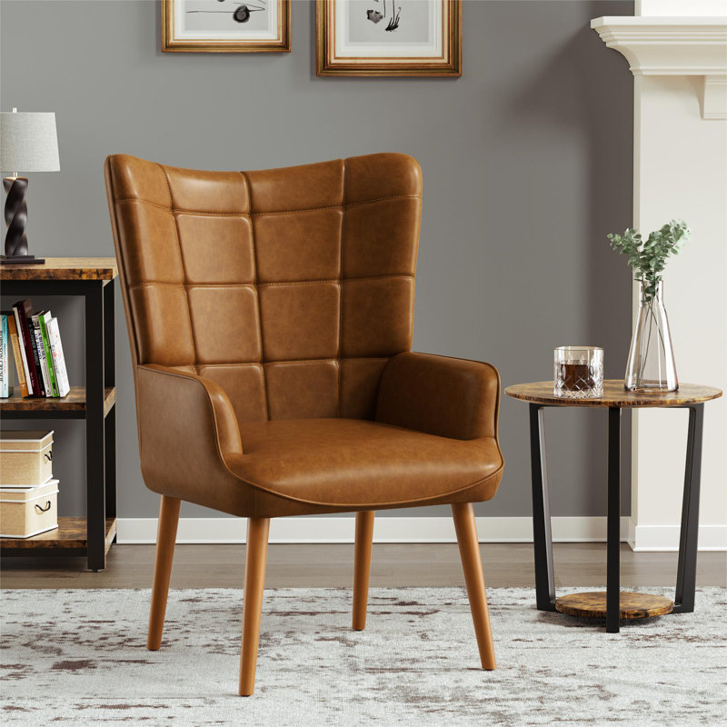 Fauteuil à oreilles Ardyn, Bois brun, Similicuir brun