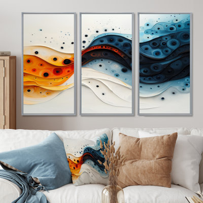 «Orange Spiral», Encre rythmique, rivière I - Abstrait spirales murales - 3 pièces