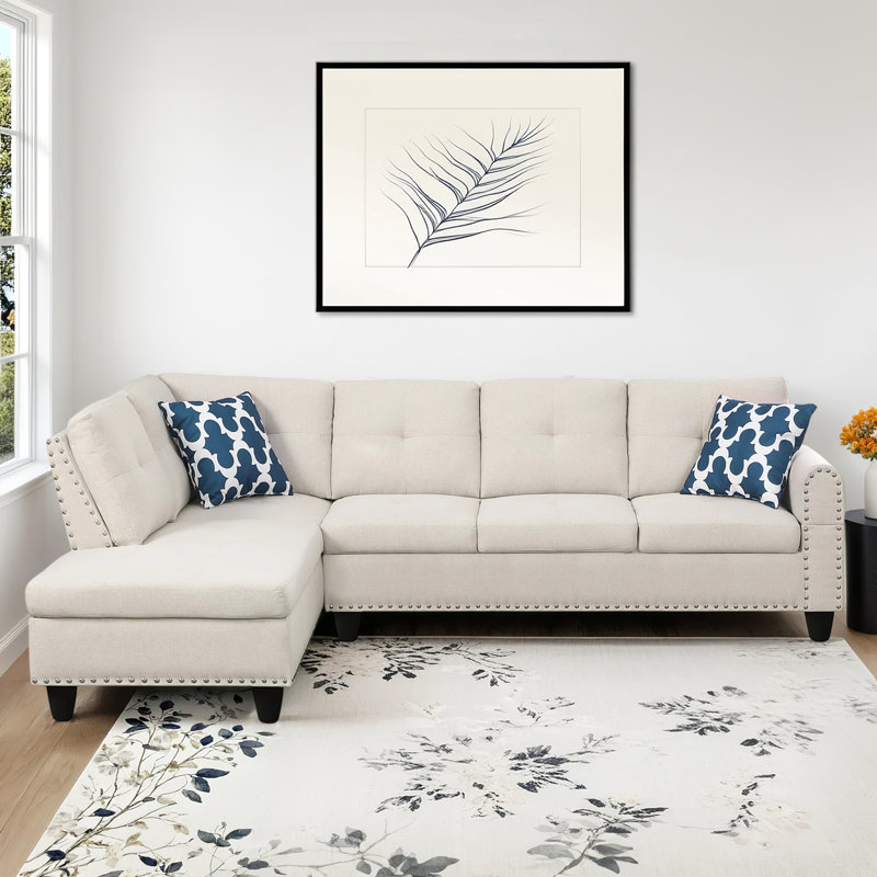 Antoneta Upholstered L-Shaped Sectional Left Hand Facing, Blue, Beige Linen
