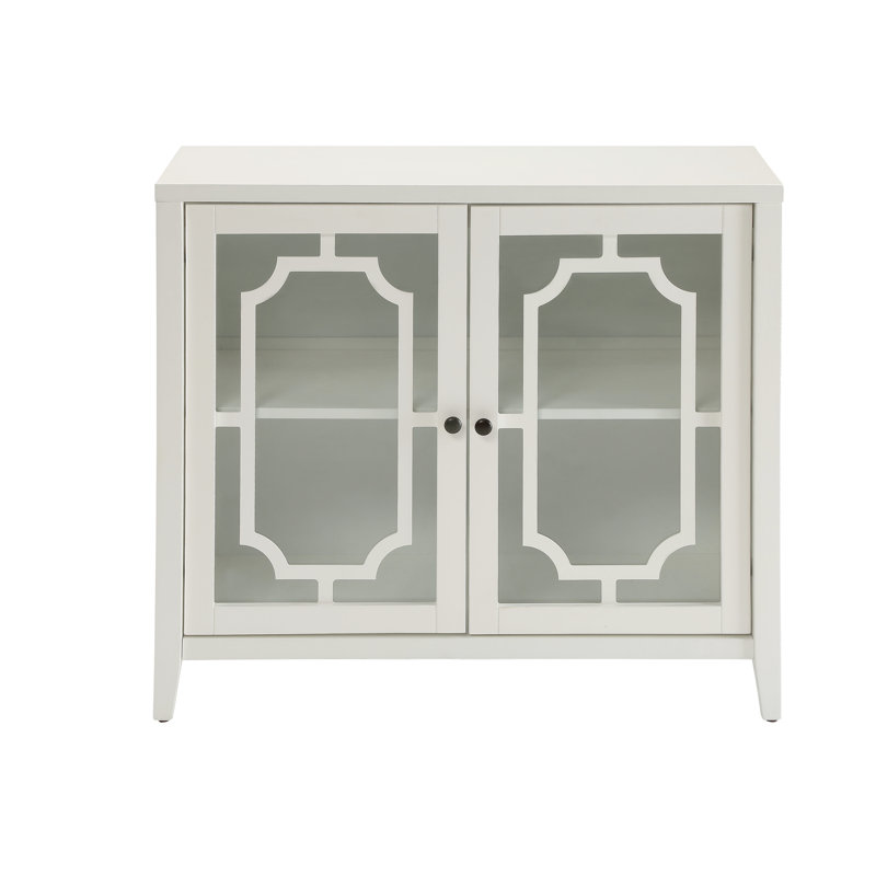 2-Door Console Cabinet In White - Rectangular Table With Glass Door Storage And Inner Shelf Wooden Tapered Curtain 2 Doors Leg For