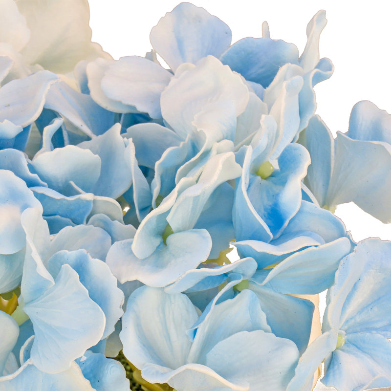 Bouquet d'hortensias dans un panier blanc, Bleu