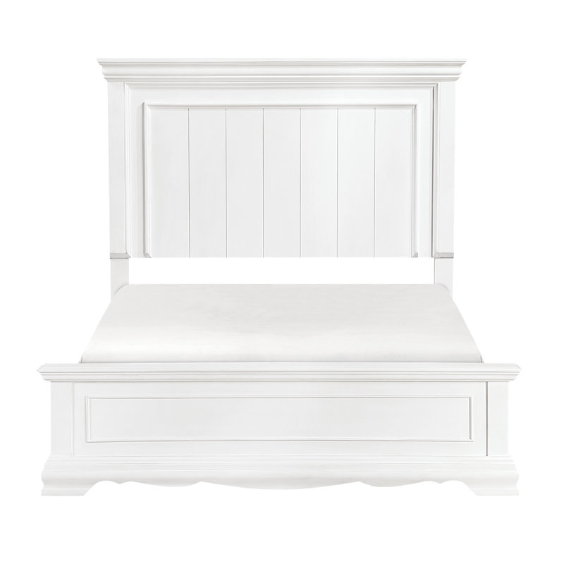 Cadre de grand lit à finition blanche, style élégant, détails de panneau, tête de lit, pour chambre à coucher, sommier classique nécessaire