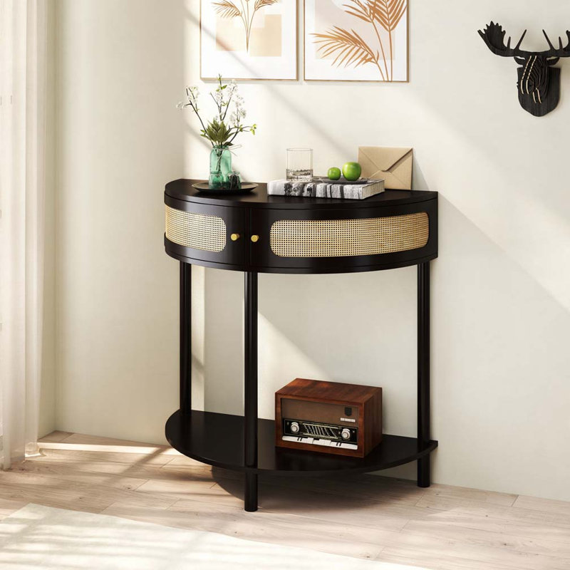 Wave-Pattern Console Table with 2 Storage Drawers and Bottom Shelf, Black