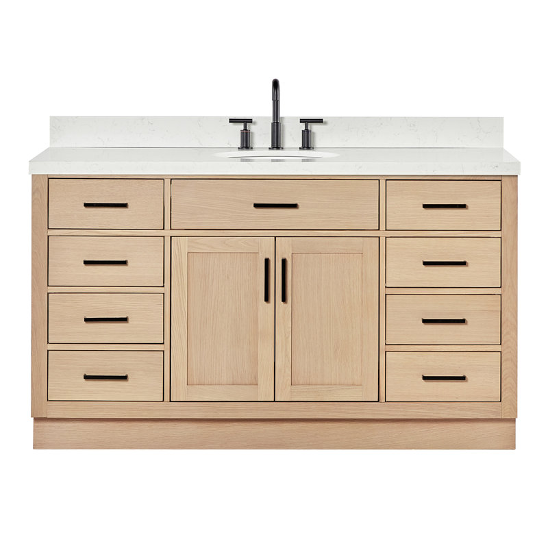Ensemble de meuble-lavabo simple en bois massif avec plateau en quartz Carrara de 1,5 po Thornaby, Chêne naturel, Ovale