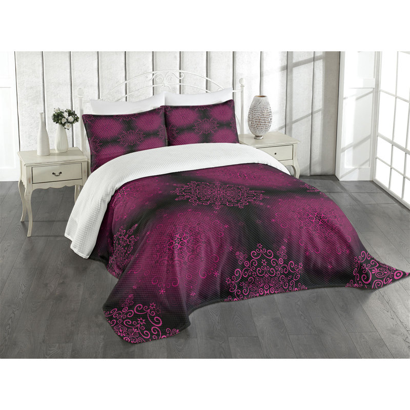 Ambesonne Purple Mandala Bedspread Set Psychedelic Boho Maroon Magenta, King Bedspread + 2 Standard Shams