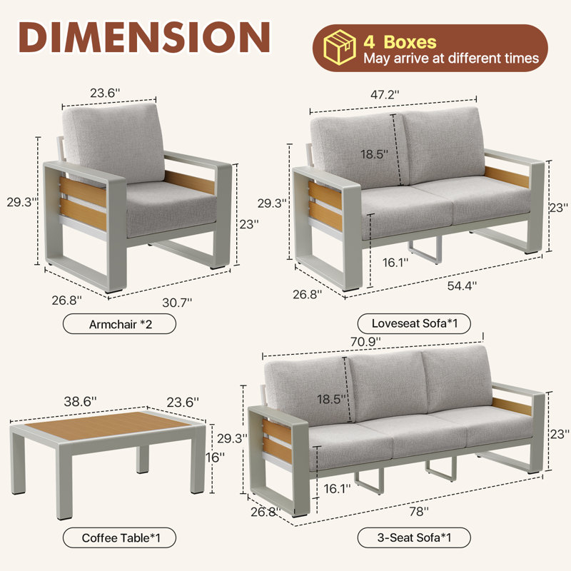 5-Piece Patio Outdoor Aluminum Furniture Set With Coffee Table & Thick Cushions, 5 Pcs: Table, Sofa, Loveseat, 2 Chairs, Gray
