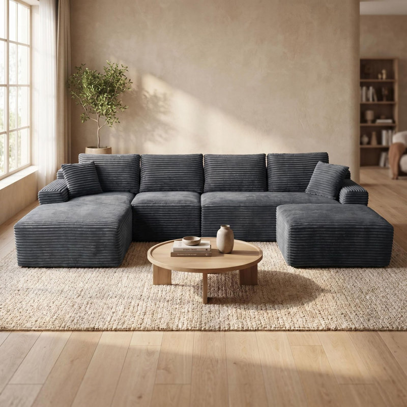 Canapé d'angle modulaire en velours côtelé de 135,4 pouces, canapé de sol rembourré avec 2 coussins décoratifs pour salon