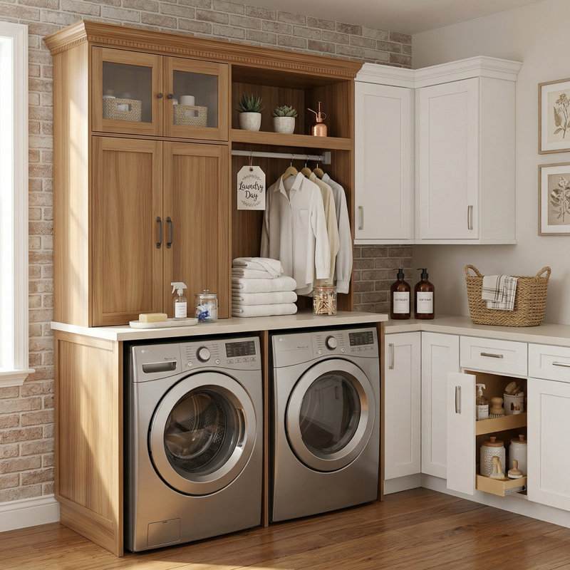 Space-Saving Laundry Cabinet With Hanging Rod, For Washer/Dryer, Brown